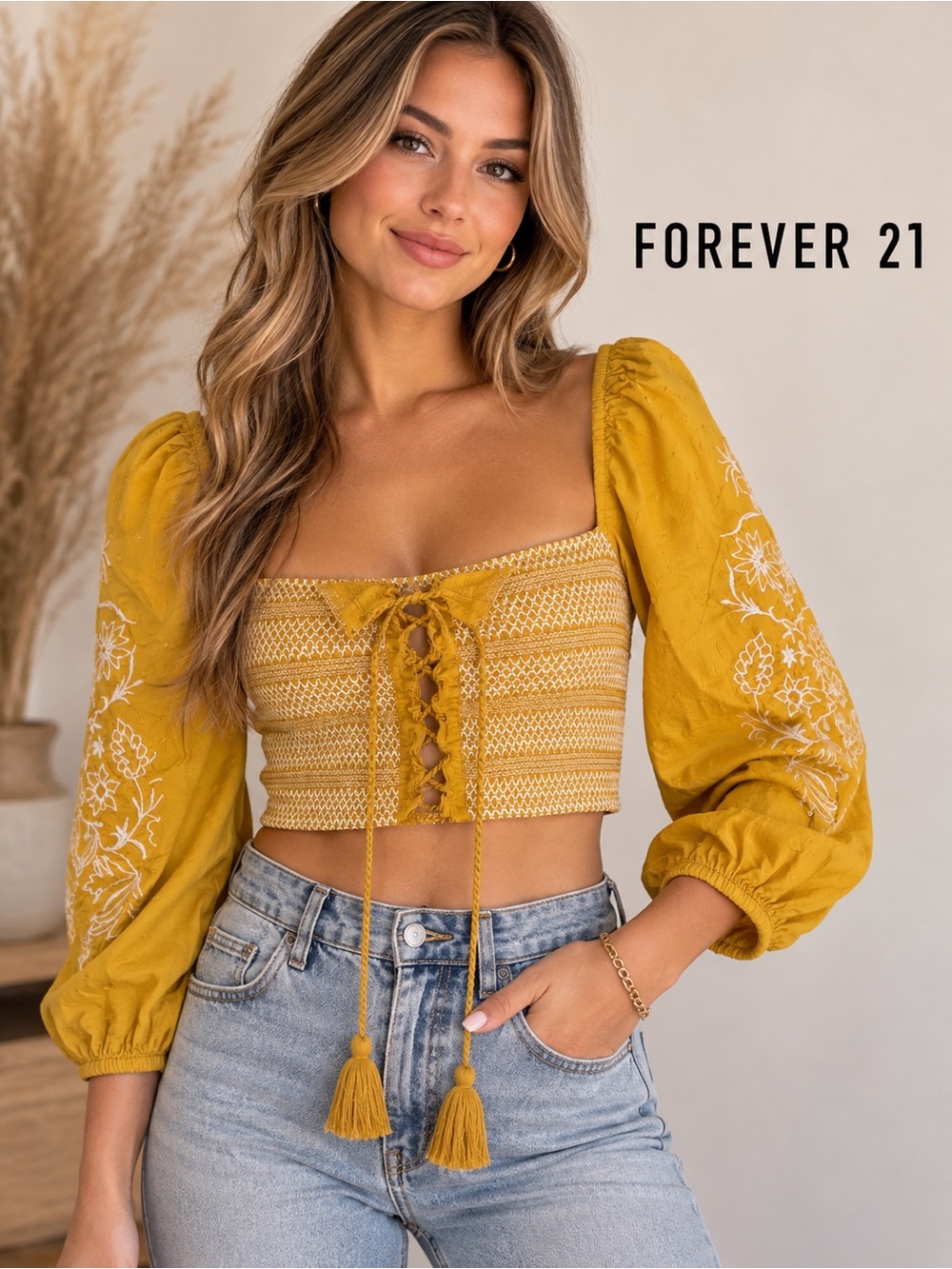 Forever 21 Embroidered Crop Blouse Mustard Yellow Smocked Size S